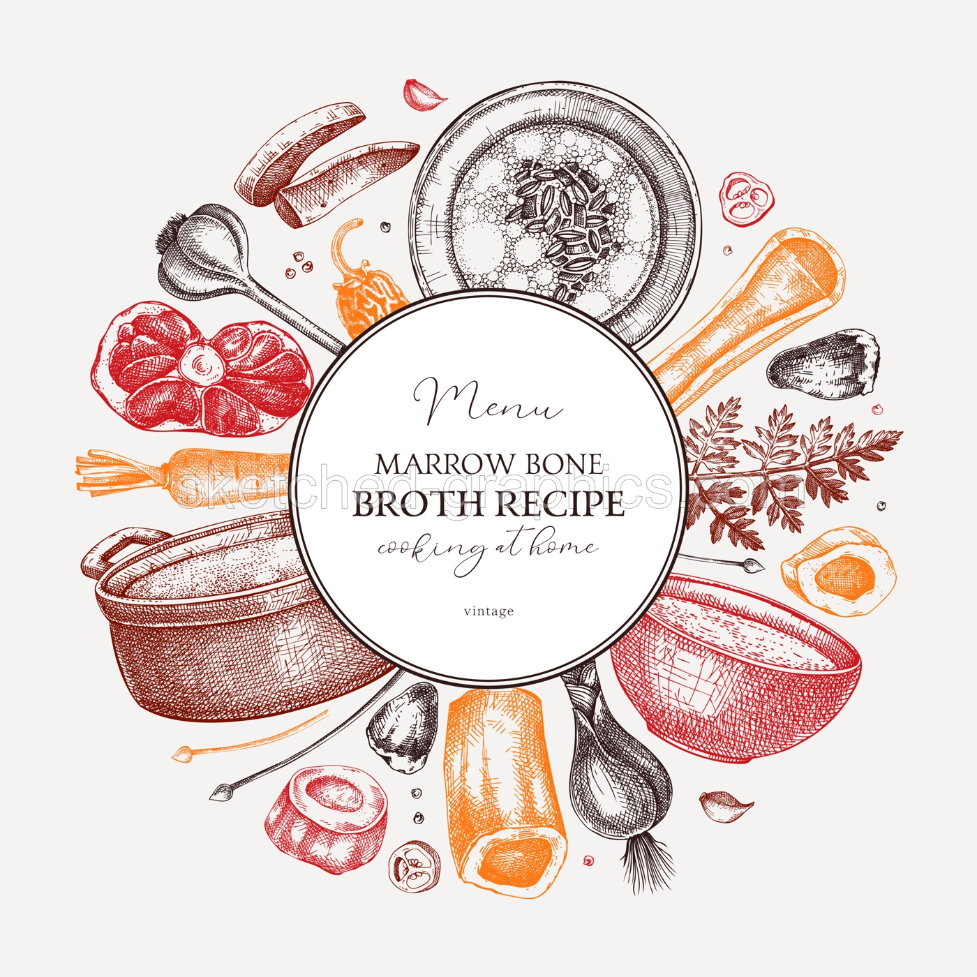 Healthy food background. Marrow bone broth wreath. Hot soup on plates, pans, bowls, organ meat, vegetables, marrow bones sketches. Hand drawn vector illustrations. Homemade food ingredient Illustration